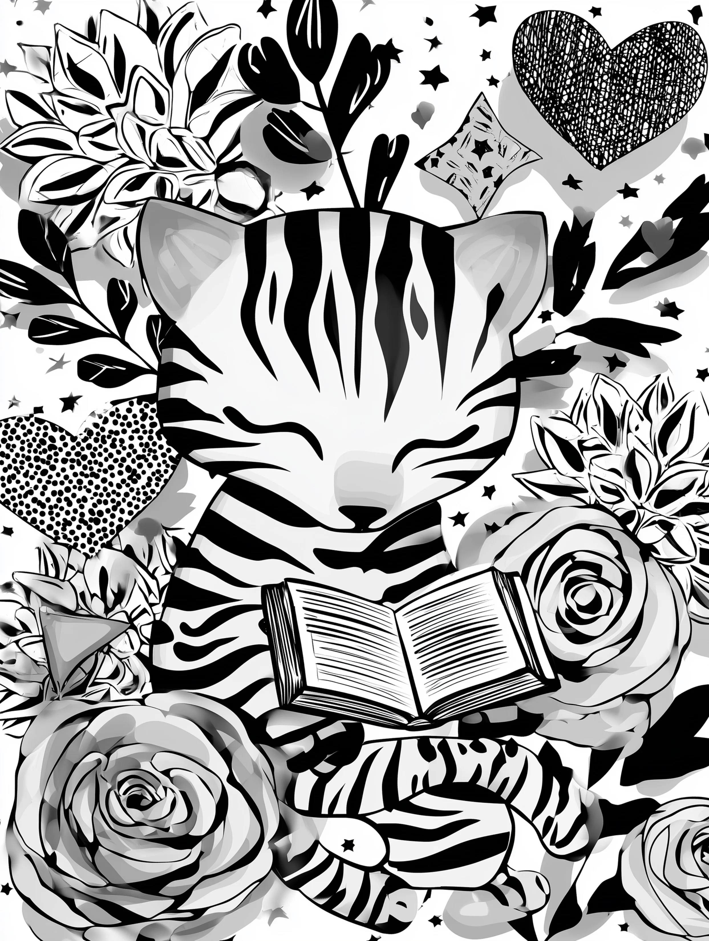 Free printable cats coloring page featuring a cat reading a book